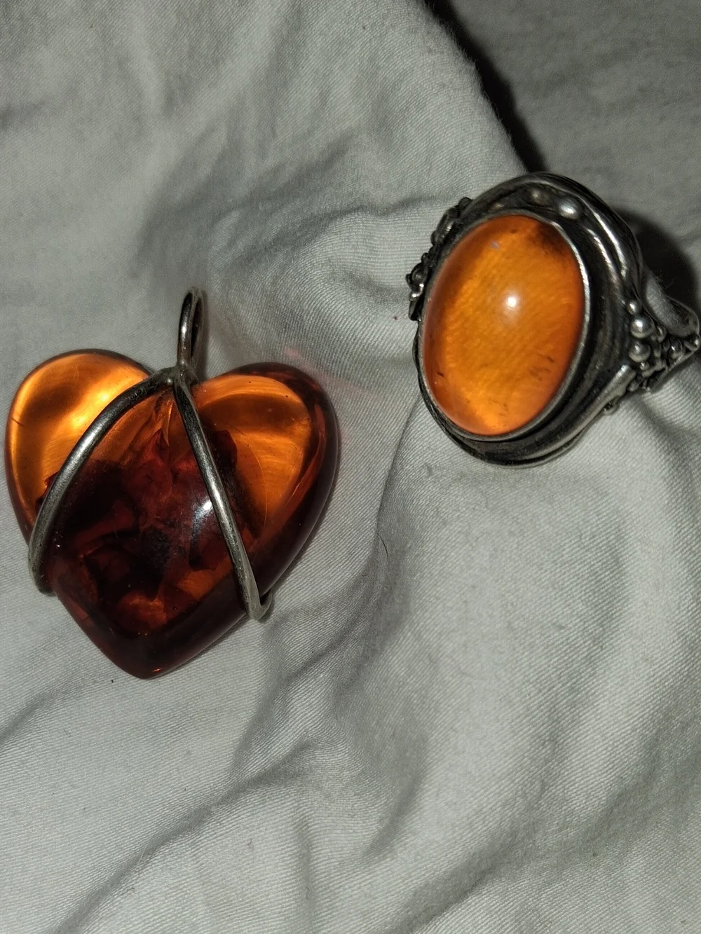 Vintage Sterling Silver Set. Amber Puff Heart Pendant With Oval Amber Ring 7.5
